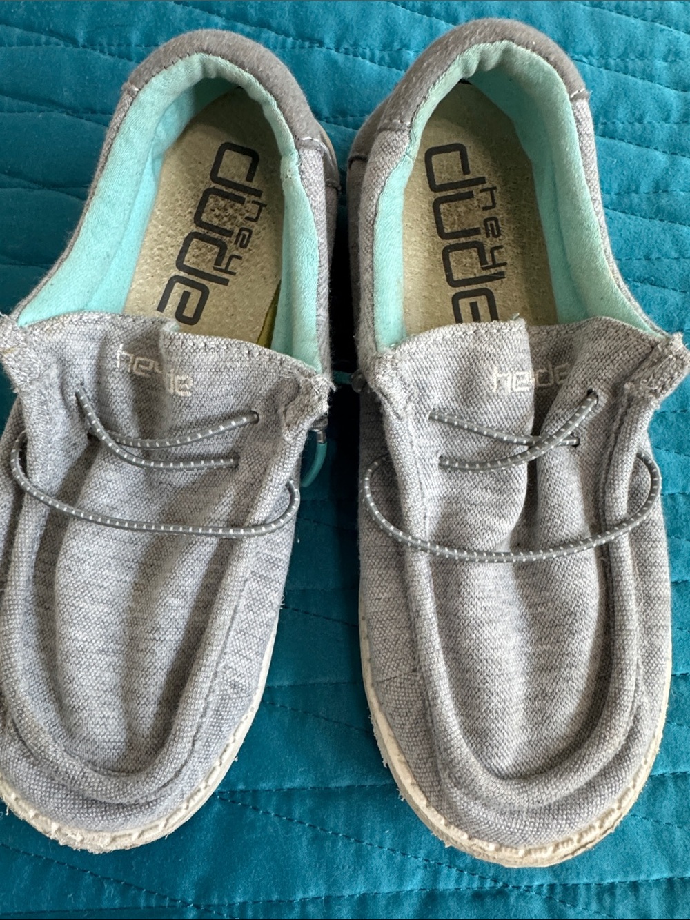 Hey Dude Gray Canvas Slip-Ons with Mint Green Lining